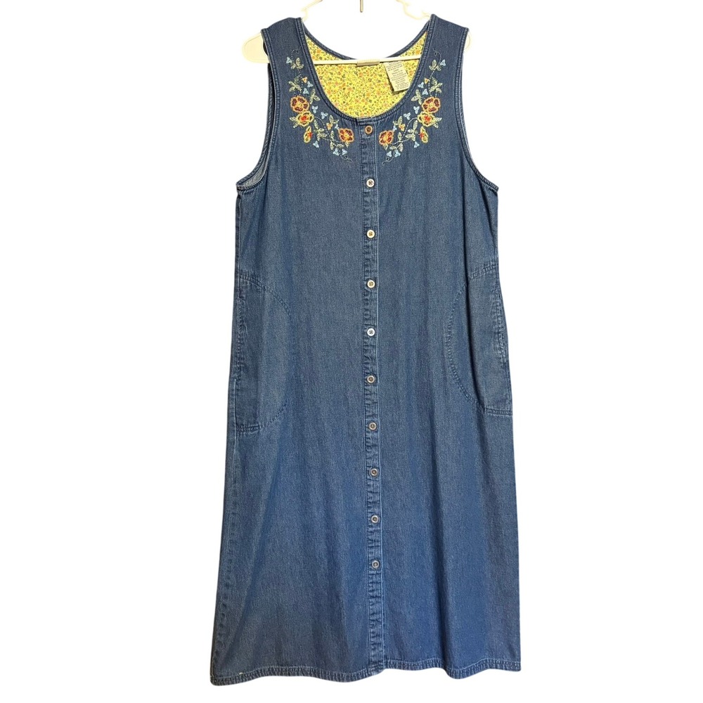 White Stag Denim Jumper Dress L 12/14 Blue Floral Granny Button Front Midi